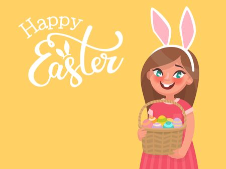Happy Easter  background with the inscription and a girl with rabbit ears who holds a basket with eggs. Template for congratulations on the holiday. Illustration in cartoon styleのイラスト素材