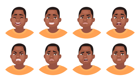 Set of different emotions male character. African American man emoji with various facial expressions. Vector illustration in cartoon styleのイラスト素材