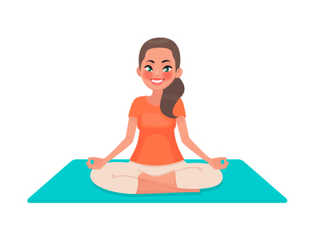 Yoga. A young girl is sitting in the lotus position. A woman is meditating. Vector illustration in cartoon styleのイラスト素材