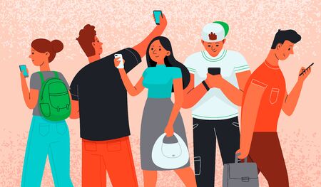 Men and women use smartphones to communicate. Internet addiction. Phone as a source of information. People and gadgets.のイラスト素材