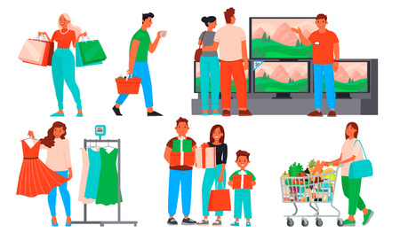 Collection of people shopping. Men and women buy clothes and groceries, gifts and household appliances in shops and malls. Seasonal sale and big discounts. Vector illustration in flat styleのイラスト素材