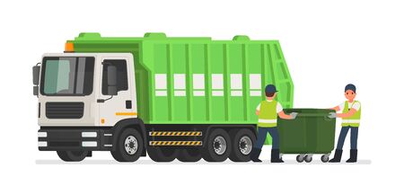 Garbage truck and dustmen. Scavengers workers clean the trash can. Vector illustration in flat styleのイラスト素材