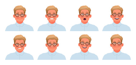 Set of different emotions business man. Happiness, surprise, anger, sadness. Collection of facial expressions of a character. Vector illustration in cartoon styleのイラスト素材