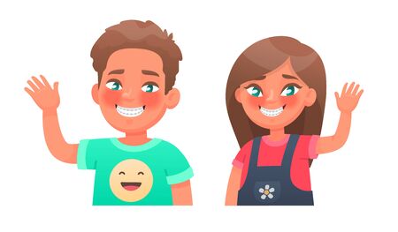Happy boy and girl in braces on teeth. Teeth alignment, occlusion correction. Children with a beautiful smile. Vector illustration in cartoon styleのイラスト素材