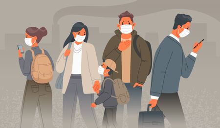 Air pollution in industrial cities. Sad people in medical protective masks on their faces against the background of smoking chimneys of factories. Dust and smog. Vector illustration in cartoon styleのイラスト素材