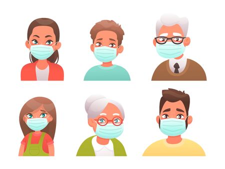 Set of avatars of people in protective medical masks. Boy, girl, man, woman, grandfather and grandmother are protected from the virus or air pollution. Vector illustration in cartoon styleのイラスト素材