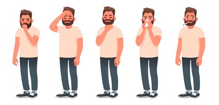 Symptoms of a viral infection and respiratory illness. A sick man coughs and sneezes. Headache, sore throat, runny nose, fever. Coronavirus COVID-19. Vector illustration in cartoon styleのイラスト素材