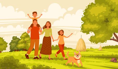 Happy family walks in nature. Mom, dad, daughter and son are actively resting in the village. Parents and children on the background of the summer landscape. The concept of happiness. Vector illustration in cartoon styleのイラスト素材