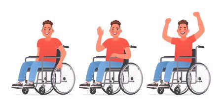 Set of character a young man with disabilities. Happy guy in a wheelchair. Disabled. Vector illustration in cartoon styleのイラスト素材