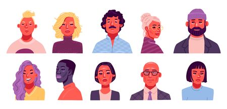 Set of avatars of people. A collection of portraits of men and women of different nationalities and ages. Vector illustration in a flat styleのイラスト素材