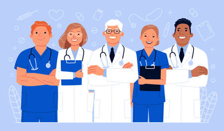 Team of happy doctors and nurses. Health care workers. Vector illustration in flat styleのイラスト素材