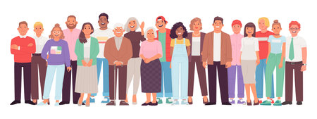 Diverse and multicultural group of people against a white background. A crowd of happy characters, young, adult and older men and women. Vector illustration in flat styleのイラスト素材