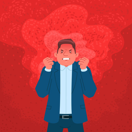 Businessman expressing anger. Angry man in a flame of rage. Vector illustration in flat styleのイラスト素材