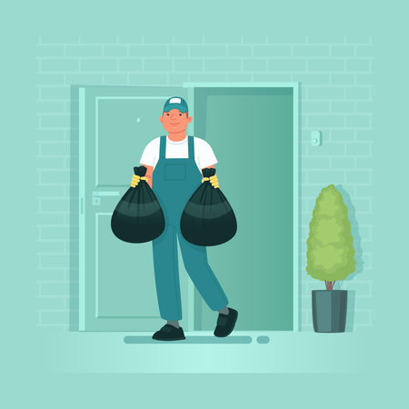 Cleaning service. A male employee in uniform takes out garbage bags from a house or apartment. Vector illustration in flat styleのイラスト素材