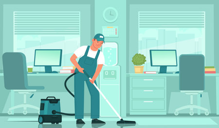 Cleaning service. A male cleaner in uniform vacuums the floor in an office space. Vector illustration in flat styleのイラスト素材