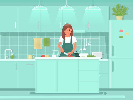 Cute woman preparing salad in the kitchen. Cooking meals for breakfast or lunch. Healthy eating. Vector illustration in flat styleのイラスト素材