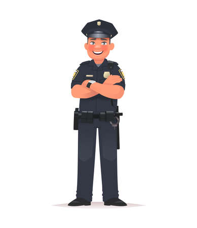Smiling police officer dressed in uniform. Policeman on a white background. Vector illustration in cartoon styleのイラスト素材