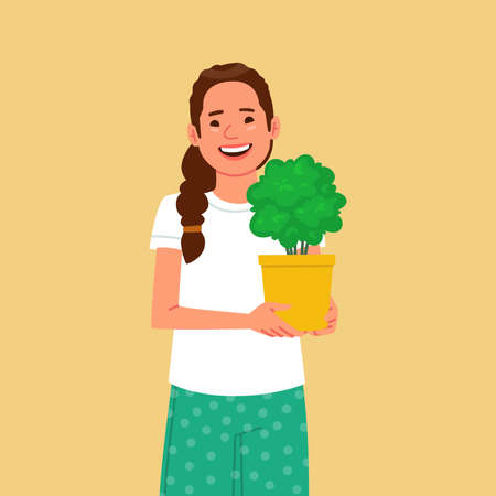 Cute woman is holding a pot with a home plant. Hobby to grow indoor plants. Vector illustration in flat styleのイラスト素材