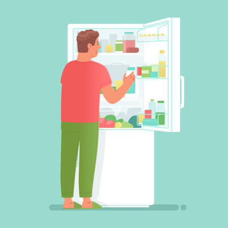 Hungry man opens a refrigerator full of food and drinks in order to have a snack or take food for cooking. Vector illustration in flat styleのイラスト素材