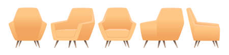 Yellow armchair in modern style from different angles. Front, side and back views. Vector illustration in cartoon styleのイラスト素材
