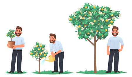 Investment concept. Businessman or private investor watering the money tree. Capital growth, financial strategy. Vector illustration in cartoon styleのイラスト素材