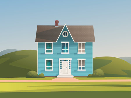 Beautiful blue house against the background of a rural landscape. Vector illustration in cartoon styleのイラスト素材