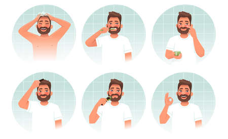 daily personal care. A man takes a shower, brushes his teeth, uses face cream, combs his hair, shaves his beard. Men's hygiene and routine procedures. vector illustration in cartoon styleのイラスト素材
