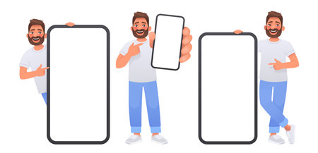 Happy man points to the screen of a huge smartphone. Advertising of a mobile app or services, promotion of an application or website. vector illustration in cartoon styleのイラスト素材