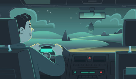 Man driving a car rear view. Trip late at night. Vector illustration in flat styleのイラスト素材