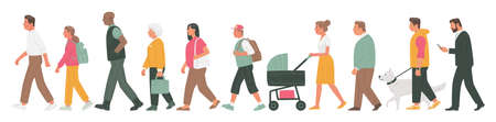 Set of walking people on an isolated background. Men and women, boys and girls, grandparents go side view. Vector illustration in flat styleのイラスト素材