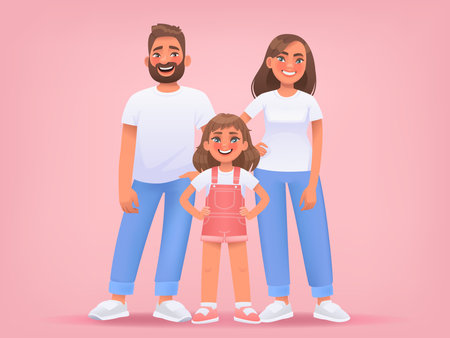 Happy young family on a pink background. Mom dad and daughter pose together in full growth. vector illustration in cartoon styleのイラスト素材