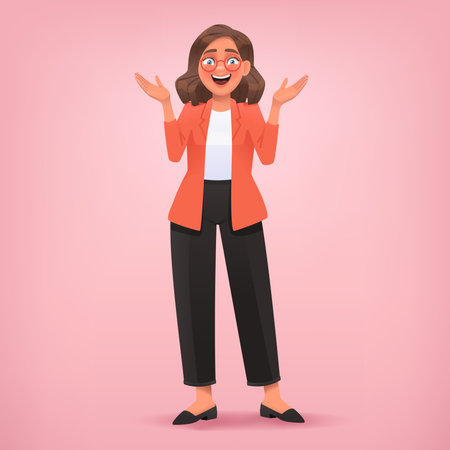 Business woman raised her hands up in delight. Amazed and surprised expression. vector illustration in cartoon styleのイラスト素材
