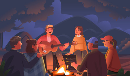 Camping. Happy friends are sitting around the campfire at night in a campground on a summer vacation. Men and women sing songs by the fire with a guitar in nature. Hiking in the mountains, hikers have a rest. Vector illustration in flat styleのイラスト素材