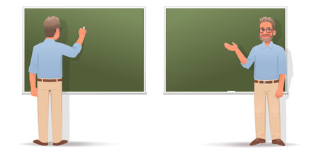 Man teacher writes on the blackboard and points to something. Professor in glasses is giving a lecture. vector illustration in cartoon styleのイラスト素材
