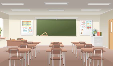 School classroom interior. A bright spacious room with a blackboard and desks for studying science and education. vector illustration in cartoon styleのイラスト素材