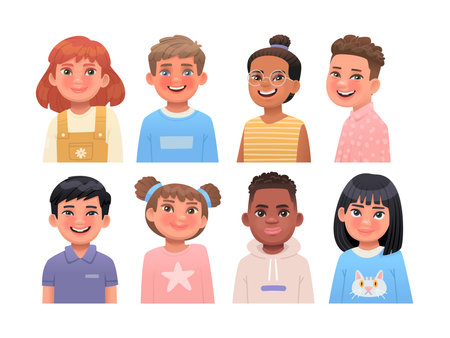 Children avatars set. portraits of kids. Cheerful and cute boys and girls of different skin colors and ethnicities. vector illustration in cartoon styleのイラスト素材