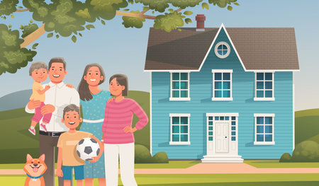 Family on the background of a two story house. Buying or renting a home. moving to a new house. Father, mother, children and pet together outside. Image for advertising real estate services. vector illustration in cartoon styleのイラスト素材