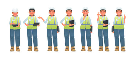 Set of woman construction engineer character in hard hat and signal vest. Architect or safety engineer in different activities. vector illustration in cartoon styleのイラスト素材
