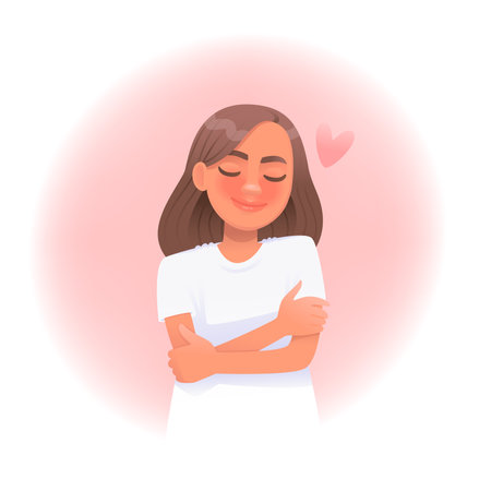 Concepts of self love, harmony and tranquility. Nice woman hugging herself. vector illustration in cartoon styleのイラスト素材