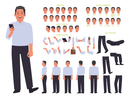 business man character constructor. Creating an animation of a man, the position of arms and legs, mouth, various emotions. view from different sides. Vector illustration in flat styleのイラスト素材