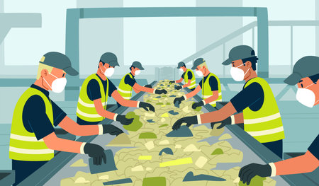Garbage recycling conveyor. Waste recycling plant workers sorting trash. Waste separation process. People working in environmental production. Vector illustration in flat styleのイラスト素材