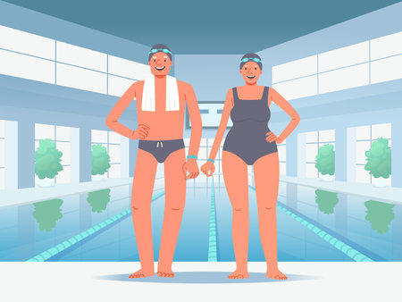 Seniors against the backdrop of the pool. Happy elderly swimmer couple in full length. Active recreation in old age. Vector illustration in flat styleのイラスト素材