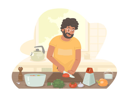 Hispanic man preparing dinner in the kitchen at home. The cook cuts vegetables to prepare a salad. Vector illustration in flat styleのイラスト素材