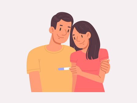 Man with a woman look at a positive pregnancy test. Happy couple found out that they would soon be parents. Vector illustration in flat styleのイラスト素材