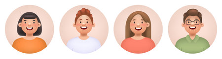 3D avatars set. Character portrait of cheerful men and women. vector illustration in cartoon styleのイラスト素材