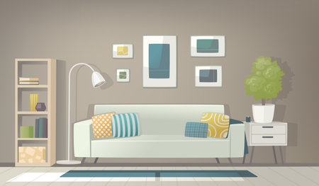 Interior of a cozy living room with a sofa, pieces of furniture, accessories, paintings and a plant. Vector illustration in flat styleのイラスト素材