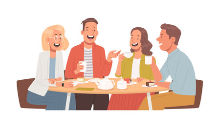 Happy friends sit in a cafe or at home, at the table, eat, drink and communicate. Meeting colleagues or buddies on an isolated background. Vector illustration in flat styleのイラスト素材
