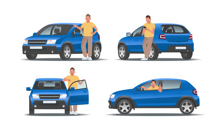 Happy man with a car on a white background in different views. The guy buys, rents, and drives a city hatchback. Insurance and maintenance, purchase and carsharing of a vehicle. Vector illustration in flat styleのイラスト素材