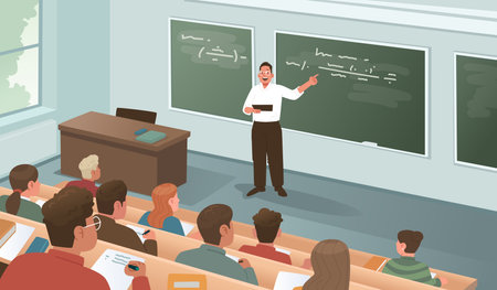 Teacher gives a lecture to students in a university auditorium. Science education and learning concept. Vector illustration in flat styleのイラスト素材