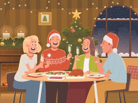 Happy friends celebrating Christmas. New Year holidays. Vector illustration in flat styleのイラスト素材